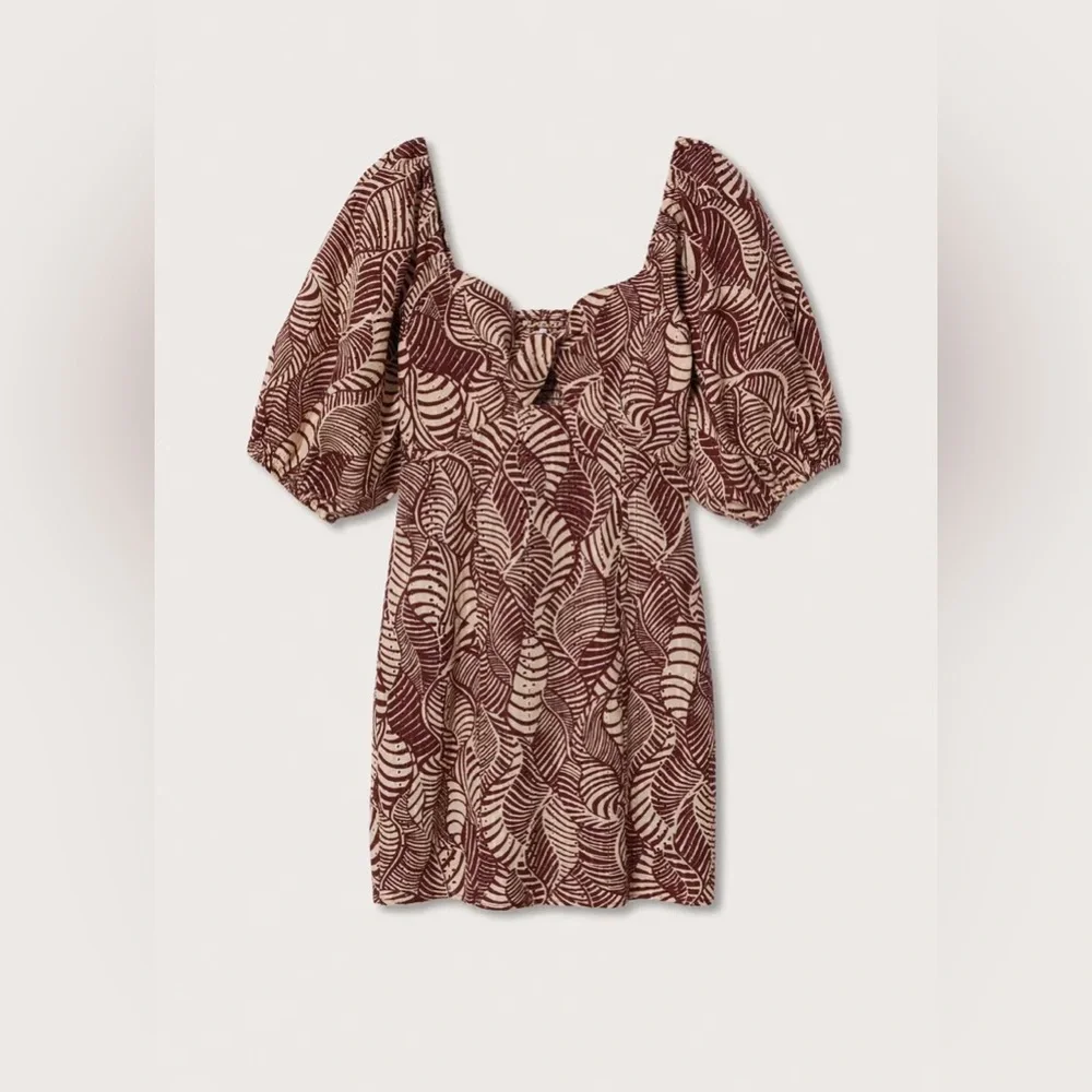 Mango Leaf-Print Mini Dress in Burgundy and Cream - Picture 6 of 11